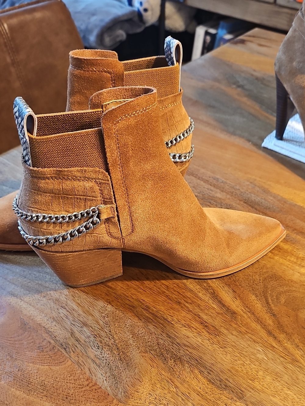 Dolce Vita Tan Suede Chain-Accent Ankle Booties
